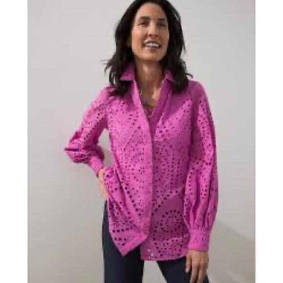 NWT Chico’s Eyelet Billow Sleeve Button Up Blouse Women's 8 Pink Peasant Boho - Picture 1 of 9